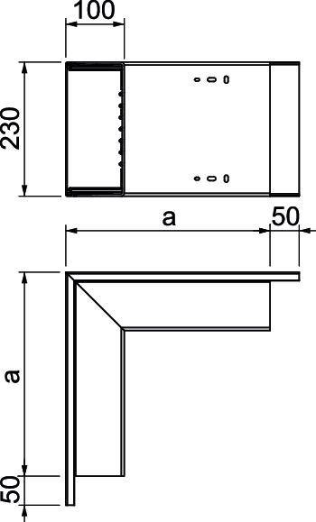 Technische Zeichnung eines rechteckigen Querschnitts mit den Maßen 230x100 mm und seitlicher Ansicht mit Maßangaben 50 mm.