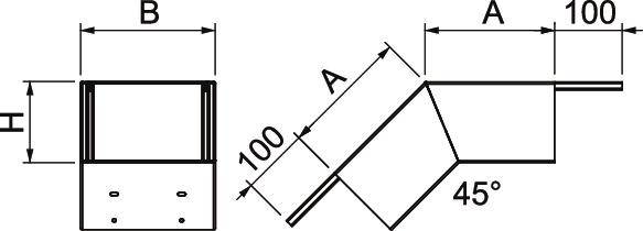 Technische Zeichnung eines Profils mit Winkeln und Dimensionen: Höhe 'H', Breite 'B', zwei Längen 'A' von 100 mm, und ein 45° Winkel.