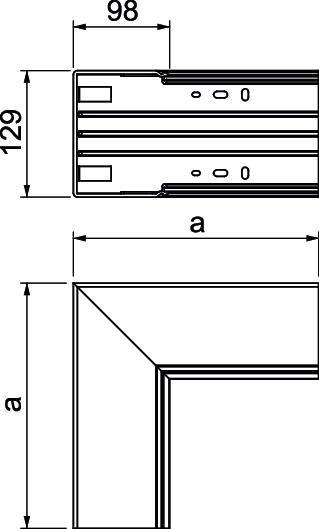 Technische Zeichnung einer Ecke mit Maßen: oben 98 mm, seitlich 129 mm. Zwei 'a'-Symbole zeigen identische Längen an.
