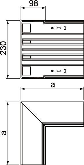 Technische Zeichnung einer L-förmigen Metallstrebe mit den Maßen 98 mm Breite und 230 mm Höhe; Seitenlänge 'a' nicht spezifiziert.