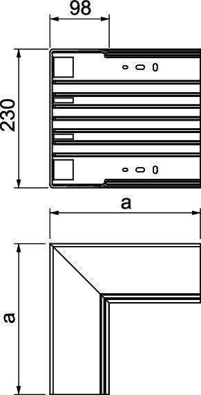 Technische Zeichnung eines Metallprofils: Zwei Ansichten zeigen Abmessungen von 230 mm x 98 mm und die Breite 'a'.