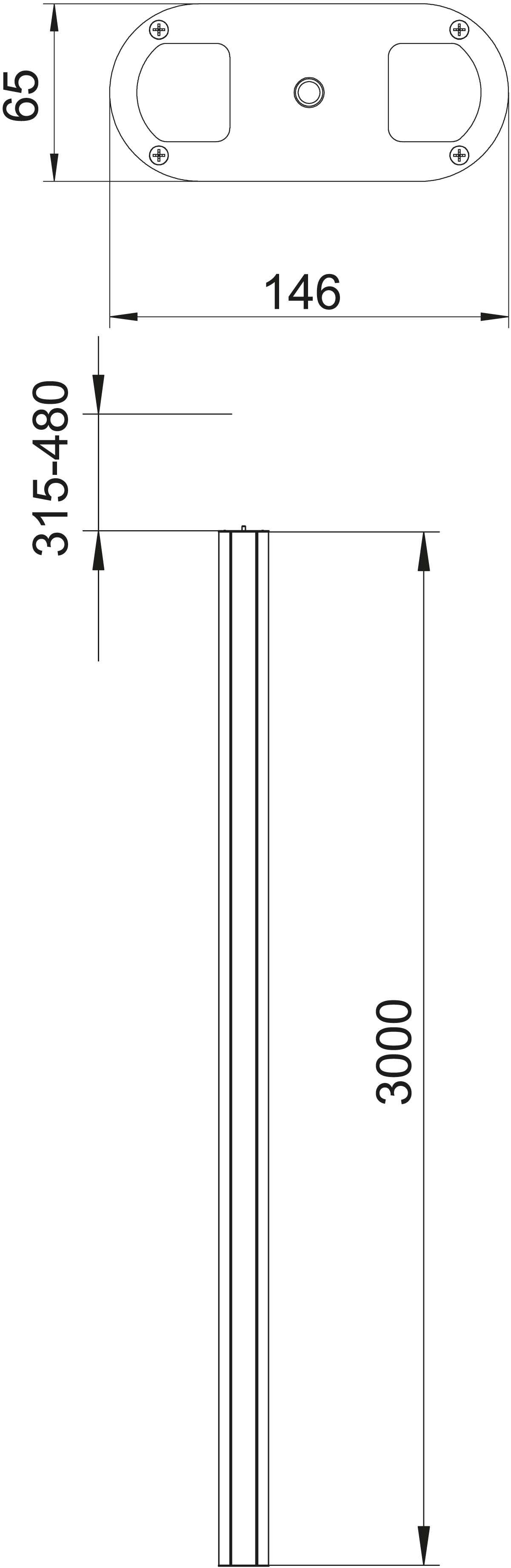 Technische Zeichnung zeigt die Abmessungen eines länglichen Objekts mit 3000 mm Länge, einer Breite von 146 mm und verstellbarer Höhe von 315-480 mm.