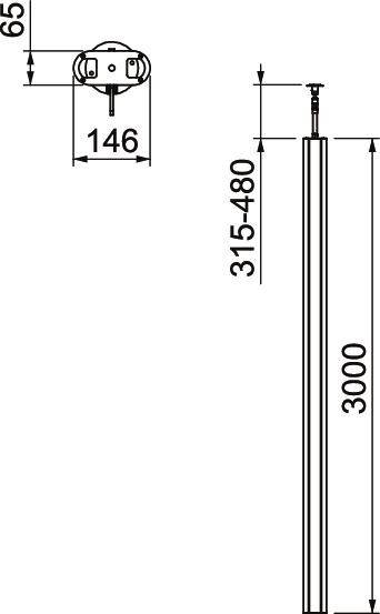Technische Zeichnung eines zylindrischen Metallpfostens mit Höhenangaben: 3000 mm Höhe, variabler Bereich 315-480 mm, obere Ansicht Durchmesser 146 mm.