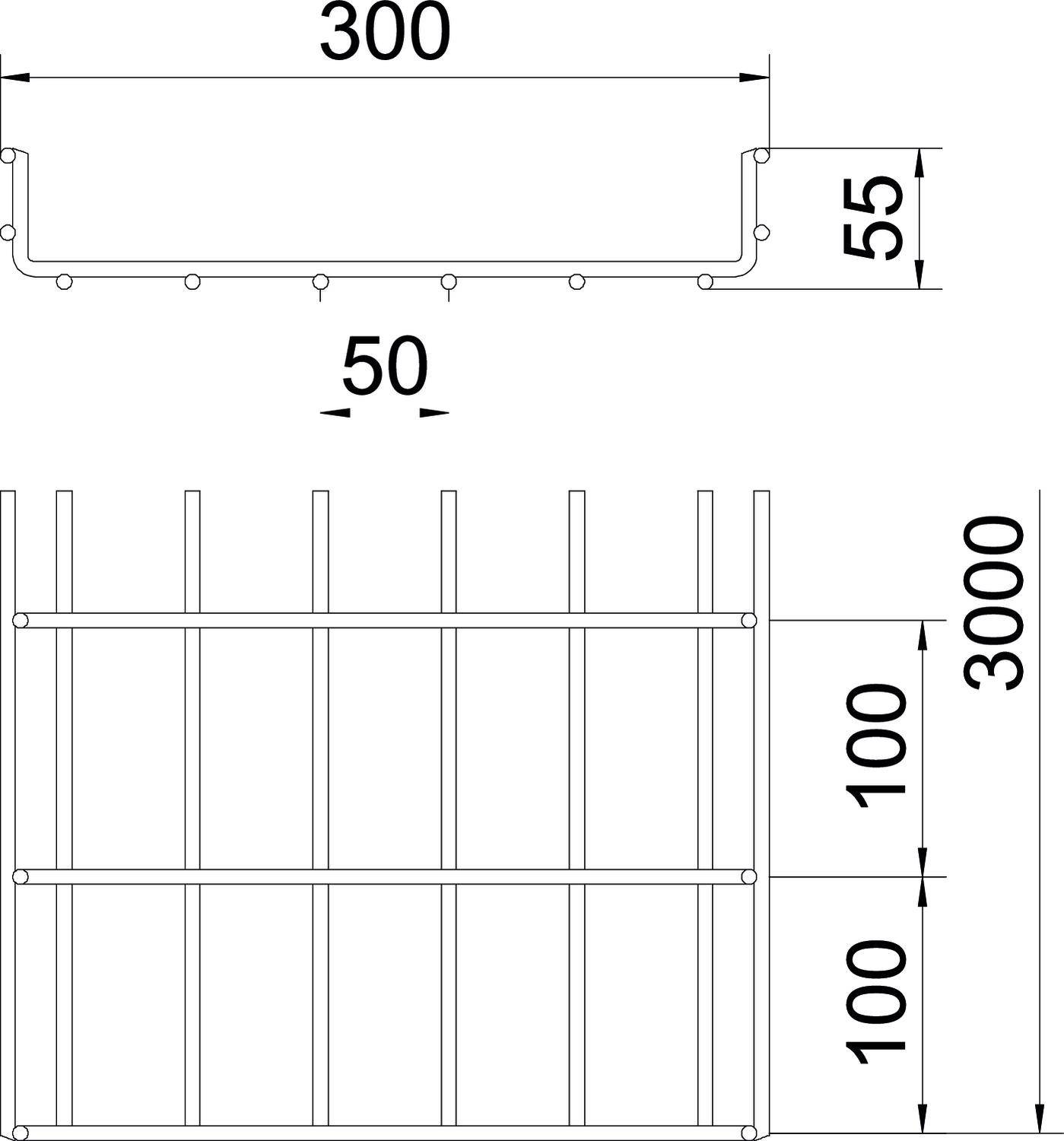 Technische Zeichnung eines Gitters mit Abmessungen: Breite 300 mm, Höhe 55 mm, vertikale Stäbe im Abstand von 50 mm, Gesamthöhe 3000 mm.