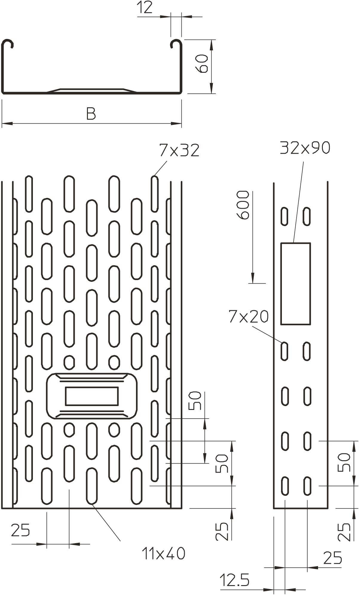 Technische Zeichnung eines rechteckigen Metallprofils mit Lochmuster und genauen Maßen in Millimetern. Seiten- und Vorderansicht dargestellt.
