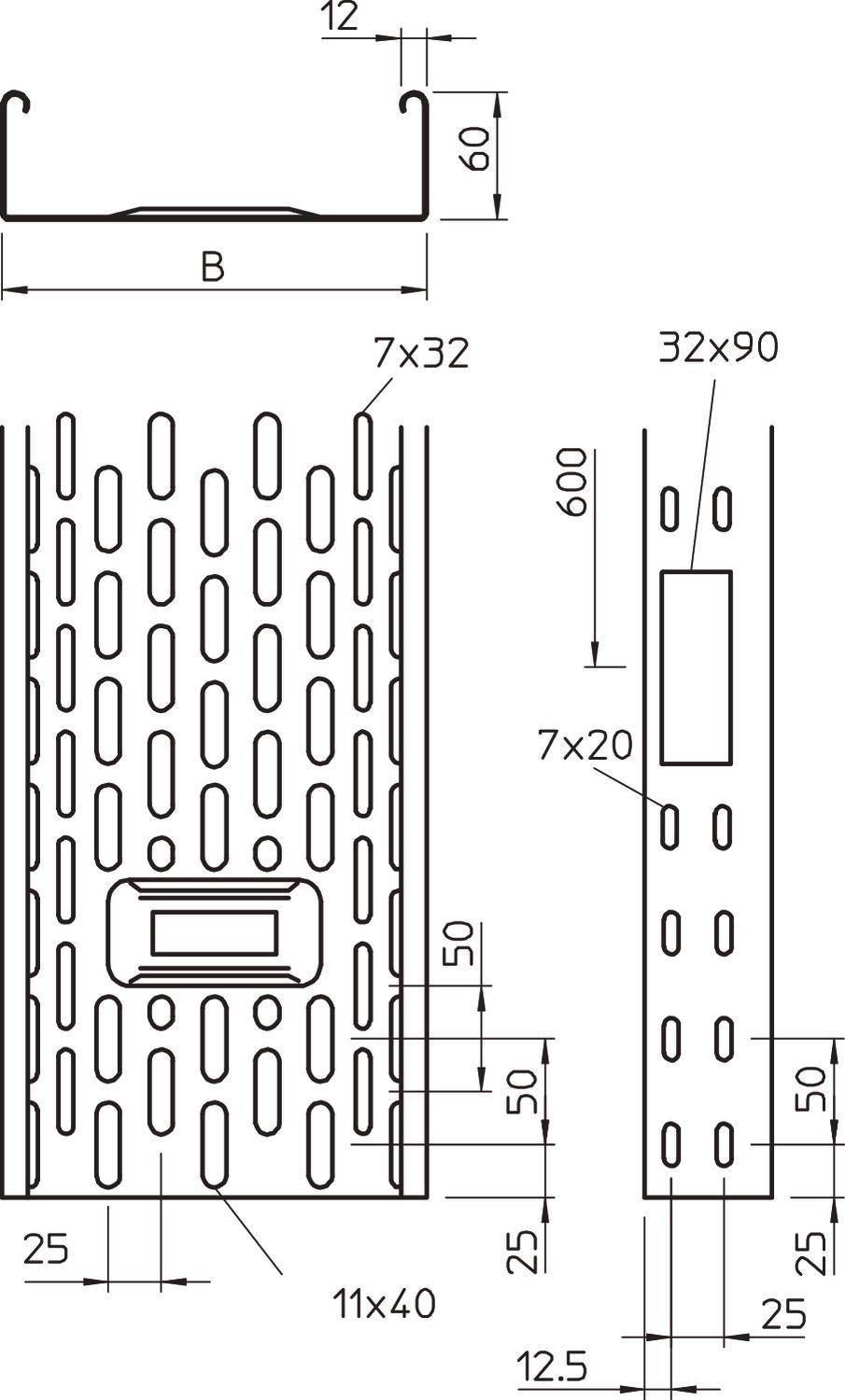 Technische Zeichnung eines Metallprofils mit Maßangaben: Breite, Höhe und Aussparungen sichtbar. Profil mit Löchern und rechteckigem Ausschnitt.