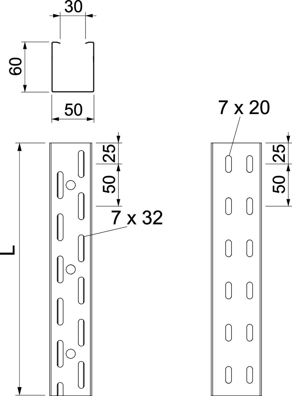 Technische Zeichnung von zwei Metallprofilen mit genauen Maßen und Lochabständen. Links: Profilhöhe 'L', 50 mm breit. Rechts: gleiche Breite, unterschiedliche Lochanordnung.