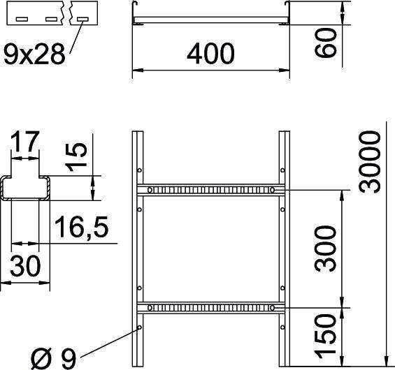 Technische Zeichnung eines rechteckigen Regals mit Maßen: Breite 400mm, Höhe 3000mm. Detaillierte Abmessungen der Komponenten dargestellt.