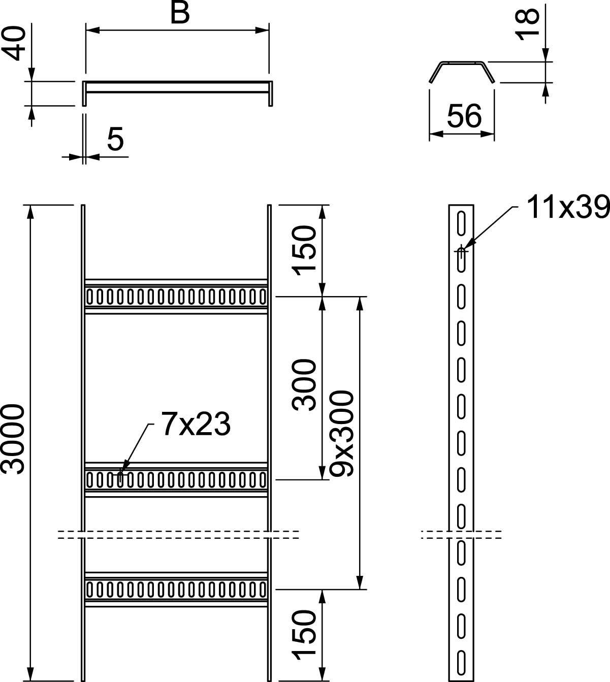 Technische Zeichnung eines Regals mit Maßen: Höhe 3000 mm, Breite 150 mm, Tiefe 40 mm. Regalfächer in 300 mm Abständen.