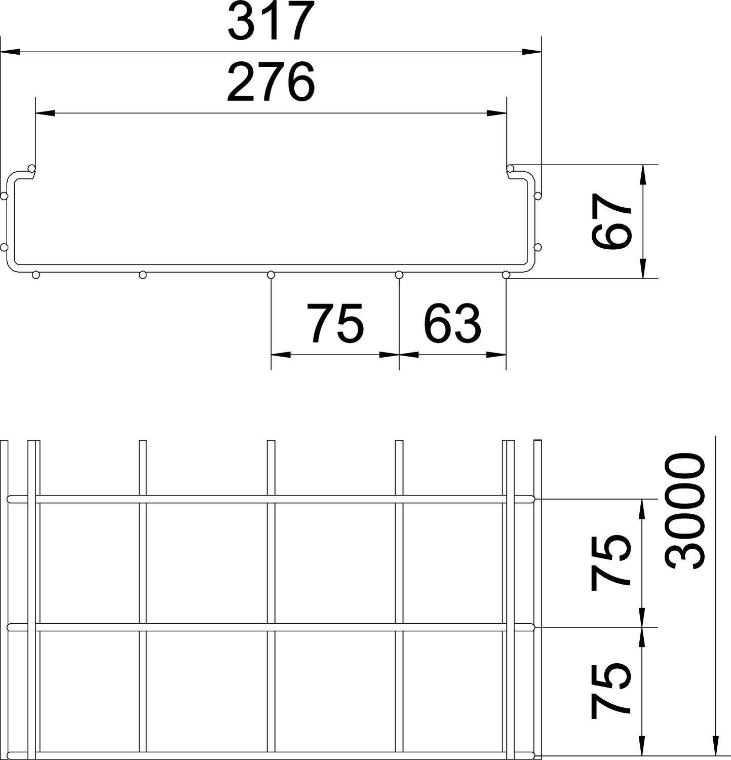 Schematische Zeichnung eines Stahlträgers mit Abmessungen: 317x67 mm im Querschnitt, 3000 mm Länge. Zeigt auch Stützbalkenabstände.