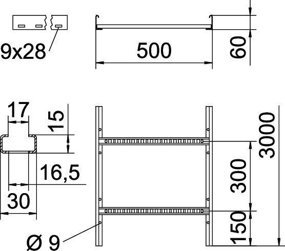 Technische Zeichnung eines Regals mit Maßen: Breite 500mm, Höhe 3000mm. Detailansichten zeigen Verbindungen und Befestigungen.