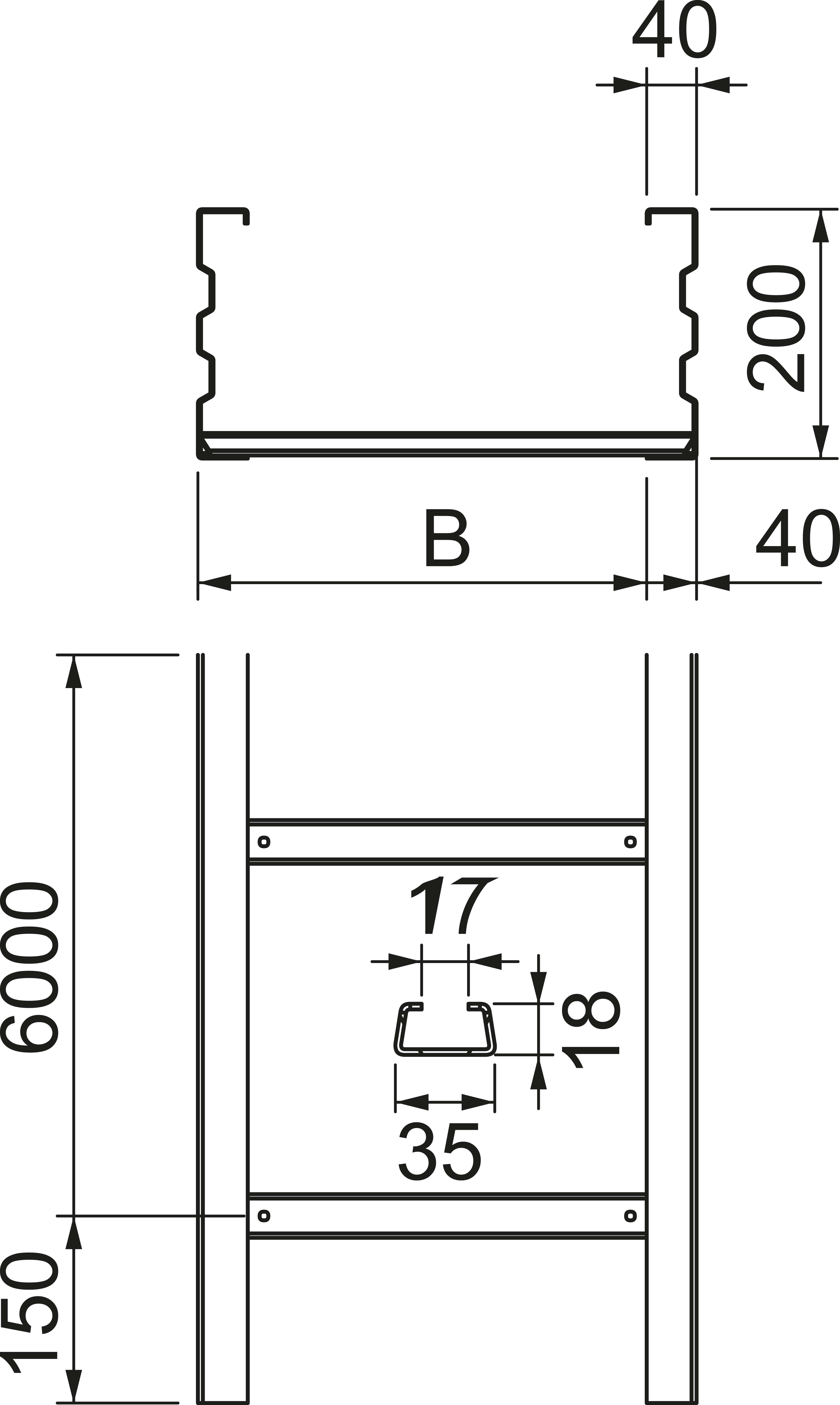 Technische Zeichnung eines Regals mit Maßen: Breite (B), Höhe 6000 mm, Tiefe 150 mm. Detailansicht der vertikalen Streben und Befestigung.