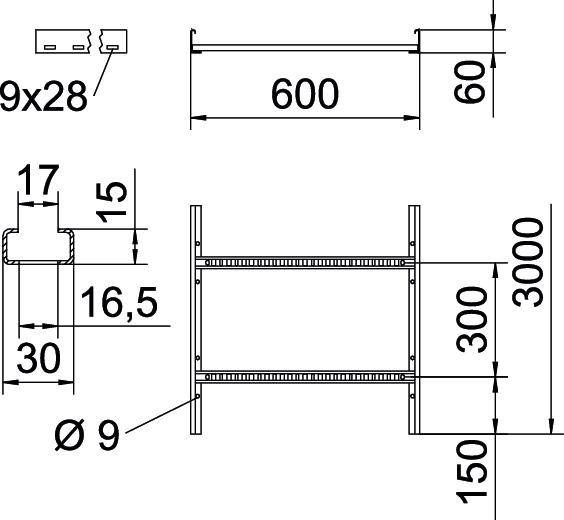Technische Zeichnung eines Regals mit Maßen: Breite 600 mm, Tiefe 60 mm, Höhe 3000 mm. Regalböden im Abstand von 300 mm.