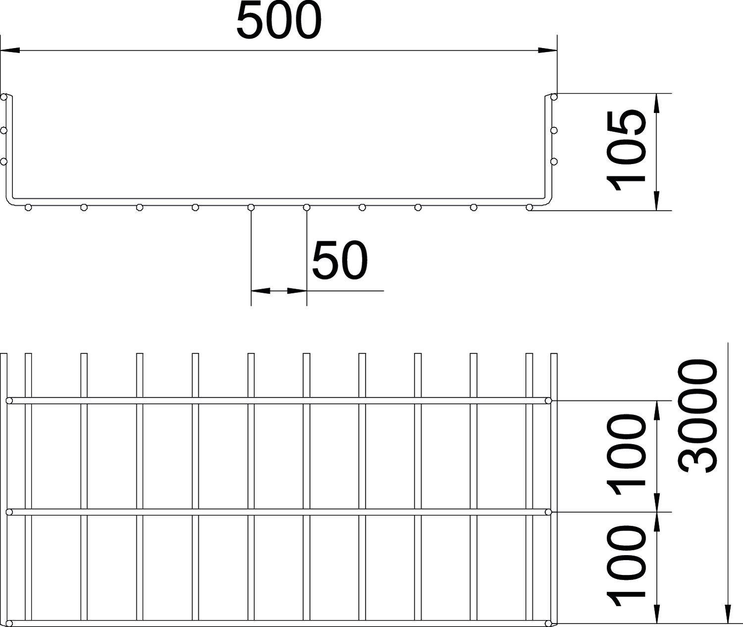 Technische Zeichnung eines Zauns mit Maßen: Breite 500 mm, Höhe 105 mm oben, Höhe 3000 mm insgesamt. Vertikale Stäbe 100 mm auseinander.