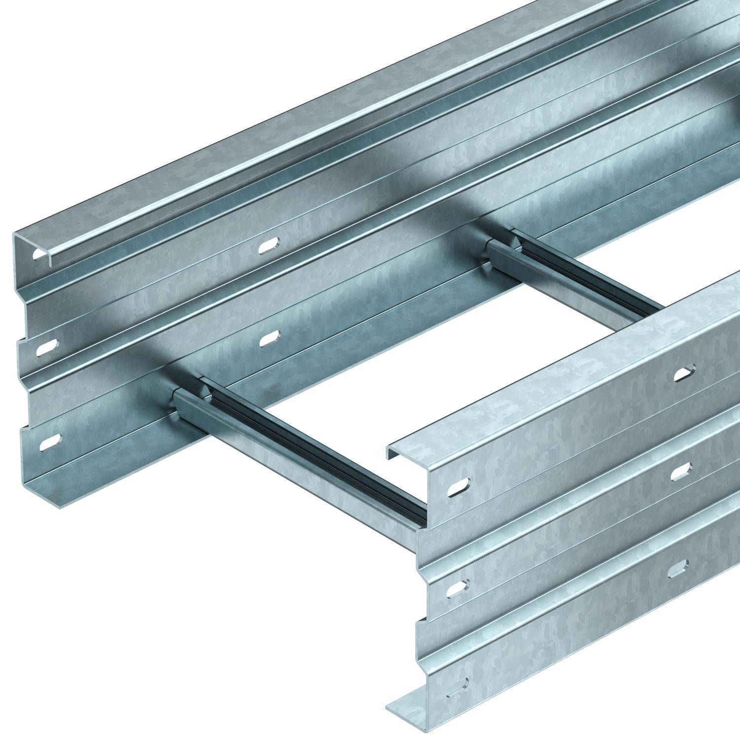 Metallische Kabelrinne mit drei langen seitlichen Schienen und zwei Querverbindungen in der Mitte. Ideal für Kabelmanagement.