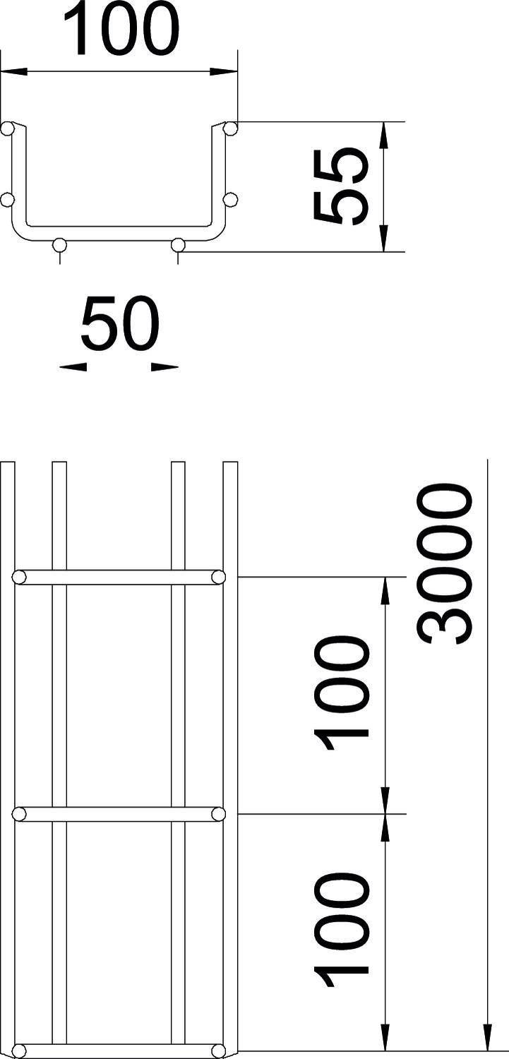 Technische Zeichnung einer Metallstruktur mit Maßen: Breite 100 mm, Höhe 55 mm, Tiefe 50 mm. Gesamthöhe der Struktur: 3000 mm.