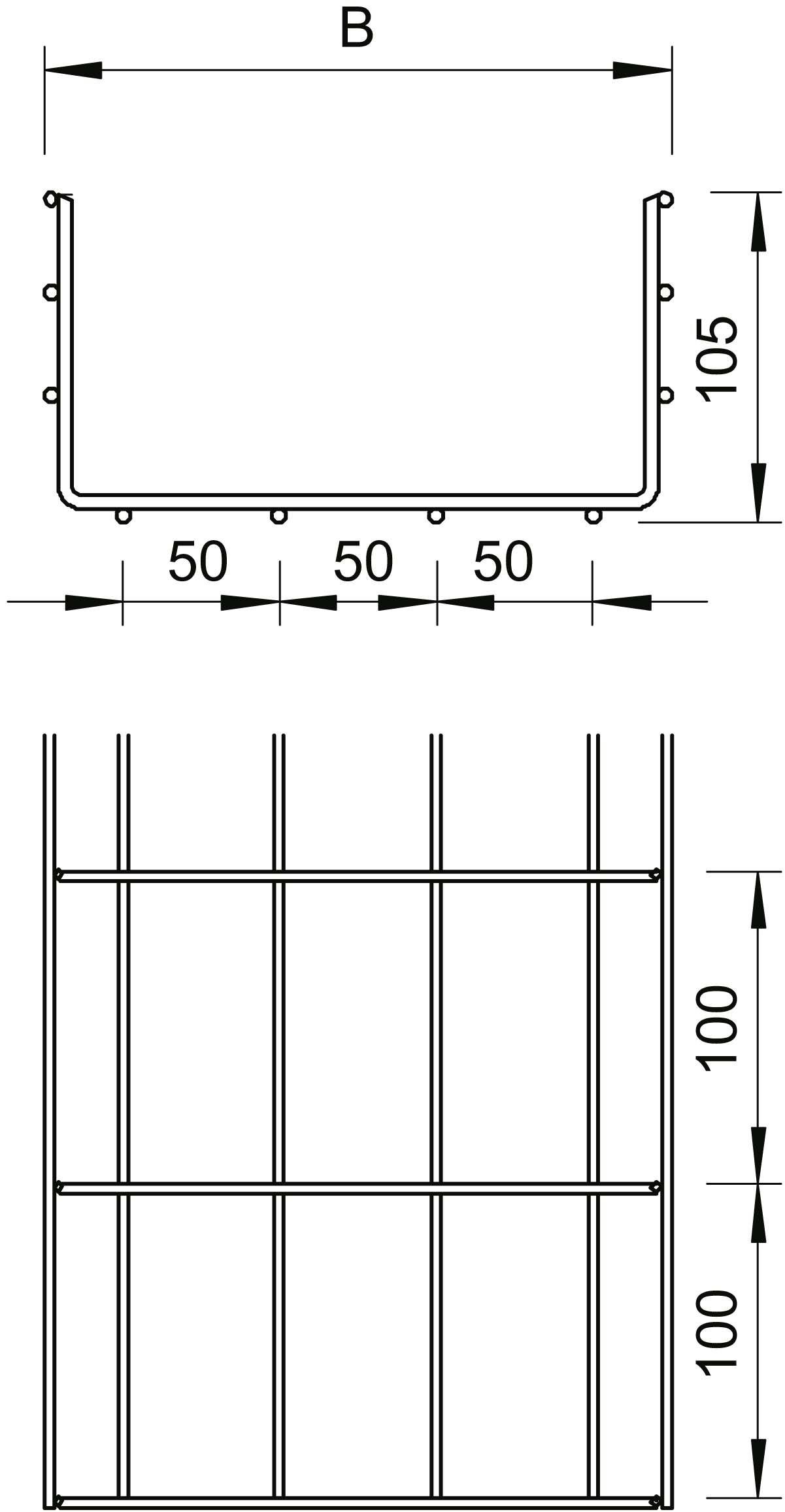 Technische Zeichnung eines U-Profils mit Maßen: Breite B, Höhe 105, Details zum Abstand der Befestigungslöcher: 50 mm. Seitenansicht unten.