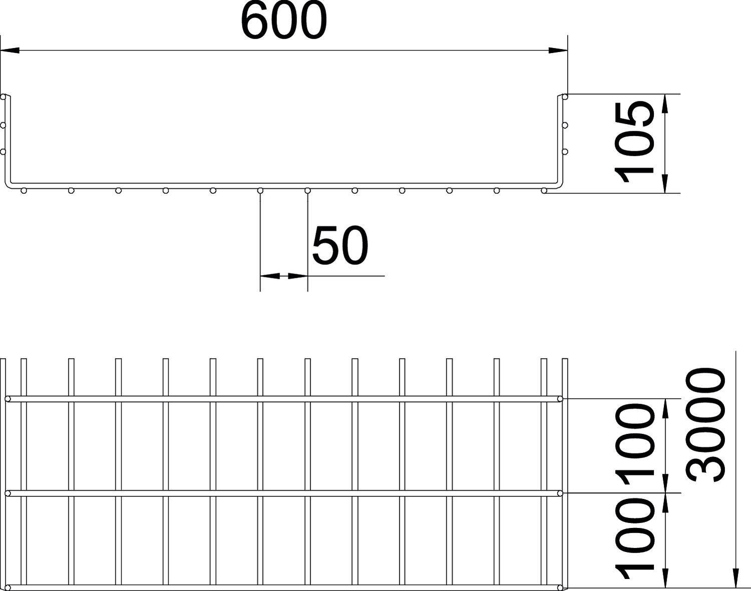 Technische Zeichnung eines Metallgitters mit Bemaßungen: Breite 600 mm, Höhe 105 mm, Stababstand 50 mm, Gesamtbreite 100 mm, Länge 3000 mm.