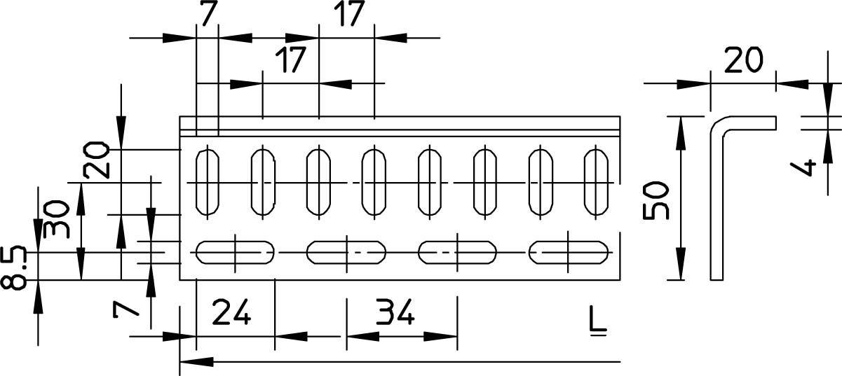 Technische Zeichnung einer Metallhalterung mit L-förmigem Profil. Zeigt Maße von Löchern und Abständen: 8,5 mm Höhe, 50 mm Länge.