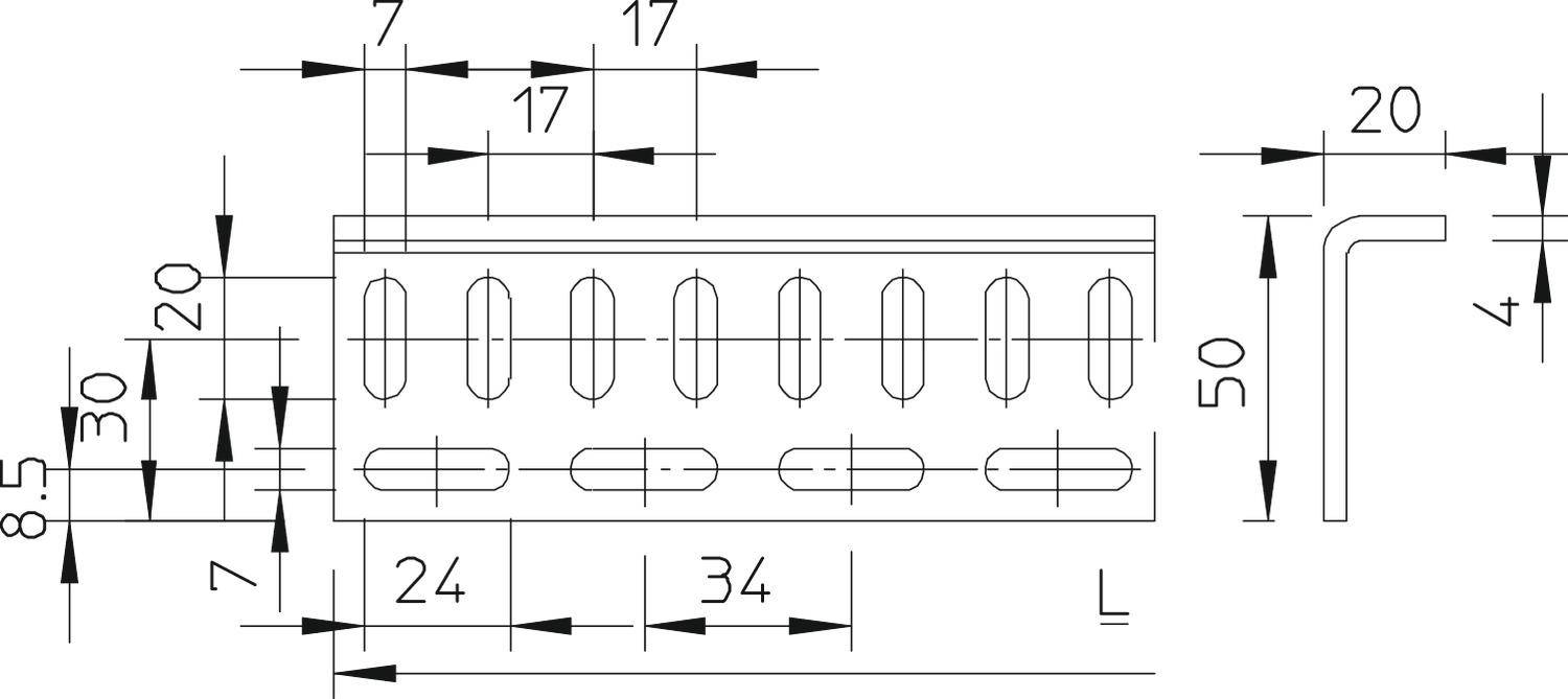 Technische Zeichnung eines Metallwinkels mit Bemaßungen: Länge, Breite und Abstände zwischen Bohrlöchern sind angegeben.