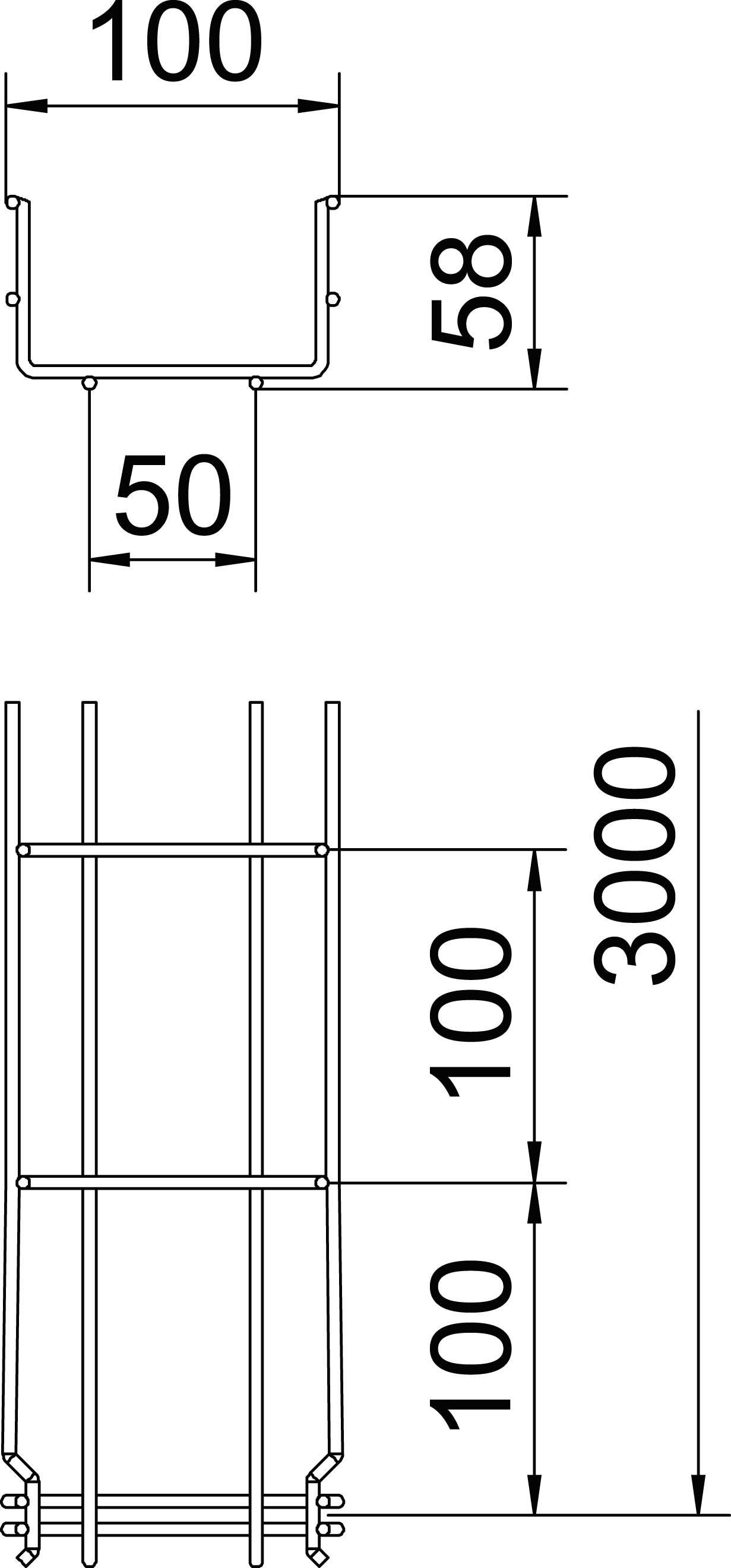 Die Abbildung zeigt technische Zeichnungen von zwei Profilansichten eines Bauelements mit den Maßen: Breite 100mm, Höhe 58mm, Länge 3000mm.