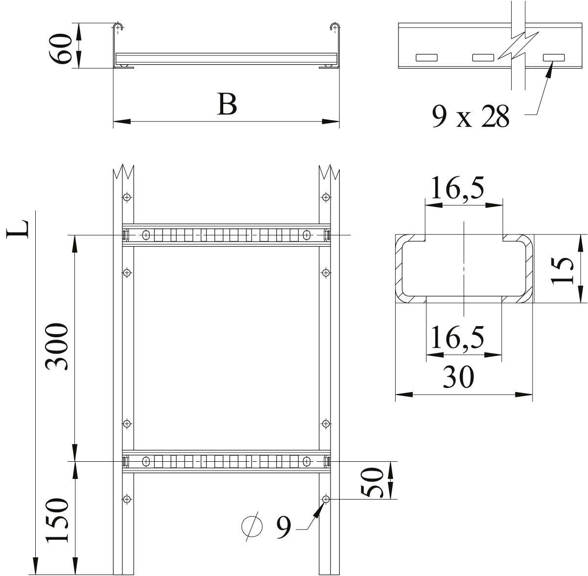 Technische Zeichnung eines Metallrahmens: Breite B, Länge L, Höhe 300 mm. Details enthalten Löcher und Maße für Schraubbefestigungen.
