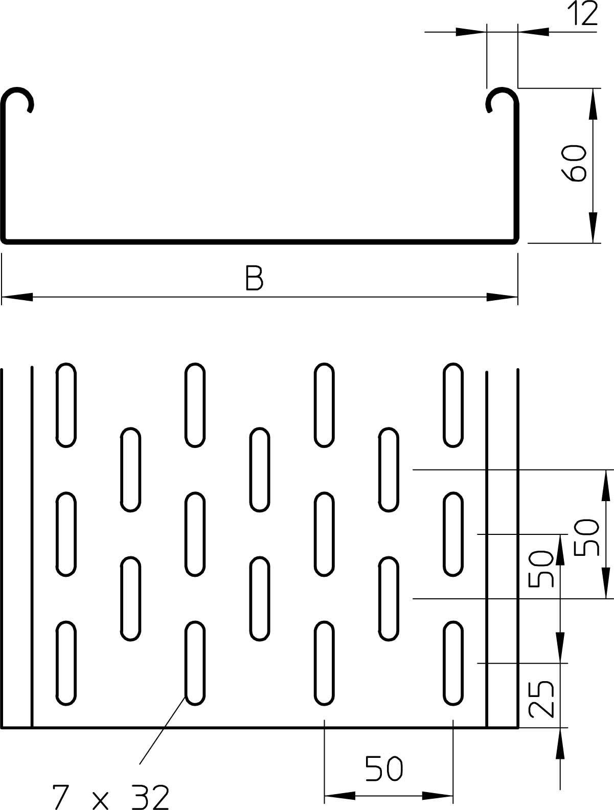 Technische Zeichnung eines Metallblechs mit Lochmuster: Blechstärke 12, Löcher sind rechteckig angeordnet in 7 Reihen zu je 32.