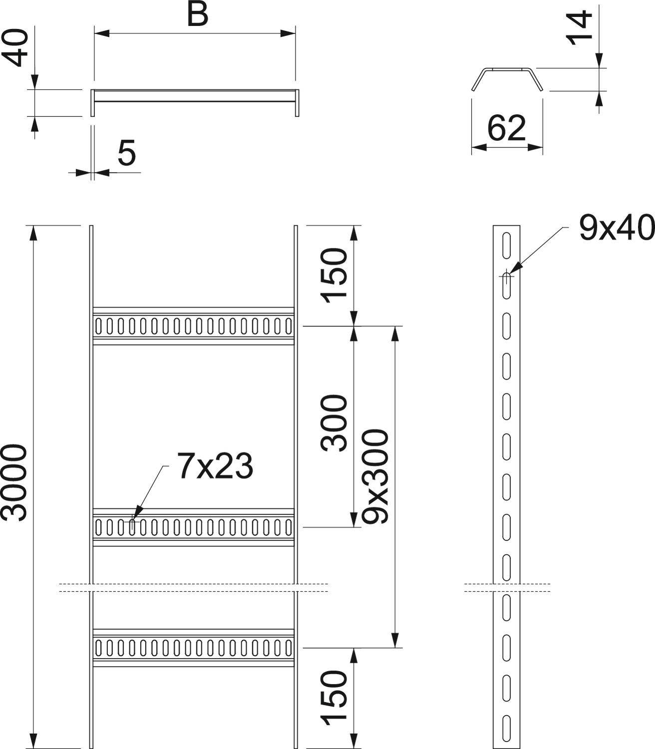 Technische Zeichnung eines Regals mit Abmessungen: Höhe 3000 mm, Breite 40 mm, zentrale Fächer 7x23 mm, obere/hintere 9x40 mm.