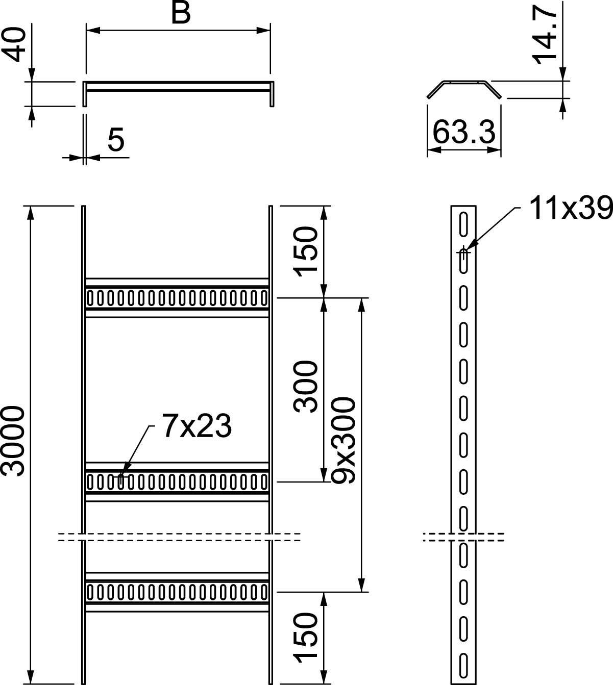 Technische Zeichnung eines Regals. Breite B, Höhe 3000, Tiefe 300. Neun Fächer mit Maßen 7x23. Schnittansichten zeigen Details.