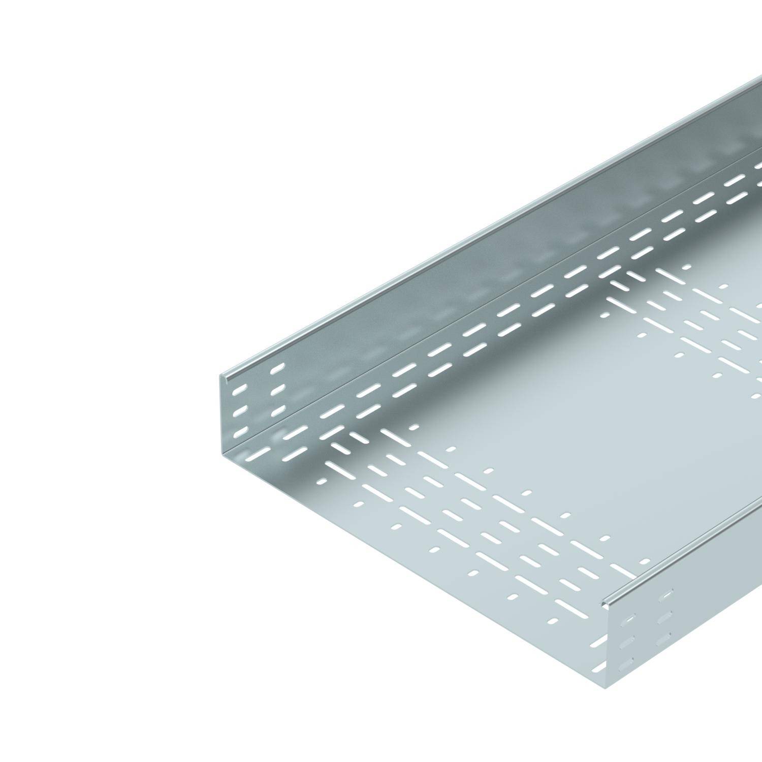 Stahlkabelrinne mit vielen rechteckigen Aussparungen, entworfen für optimale Kabelverwaltung und Belüftung in elektronischen Installationen.