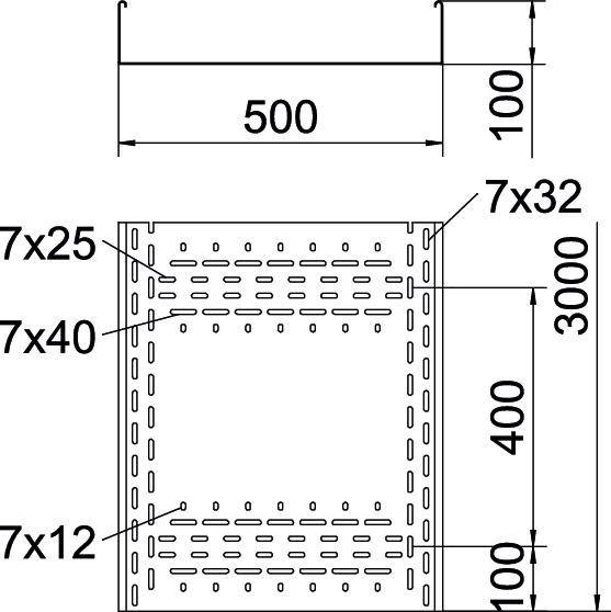 Montageplan eines Regalsystems mit Maßen: Breite 500 mm, Höhe 3000 mm; diverse Lochgrößen und Abstände sichtbar.