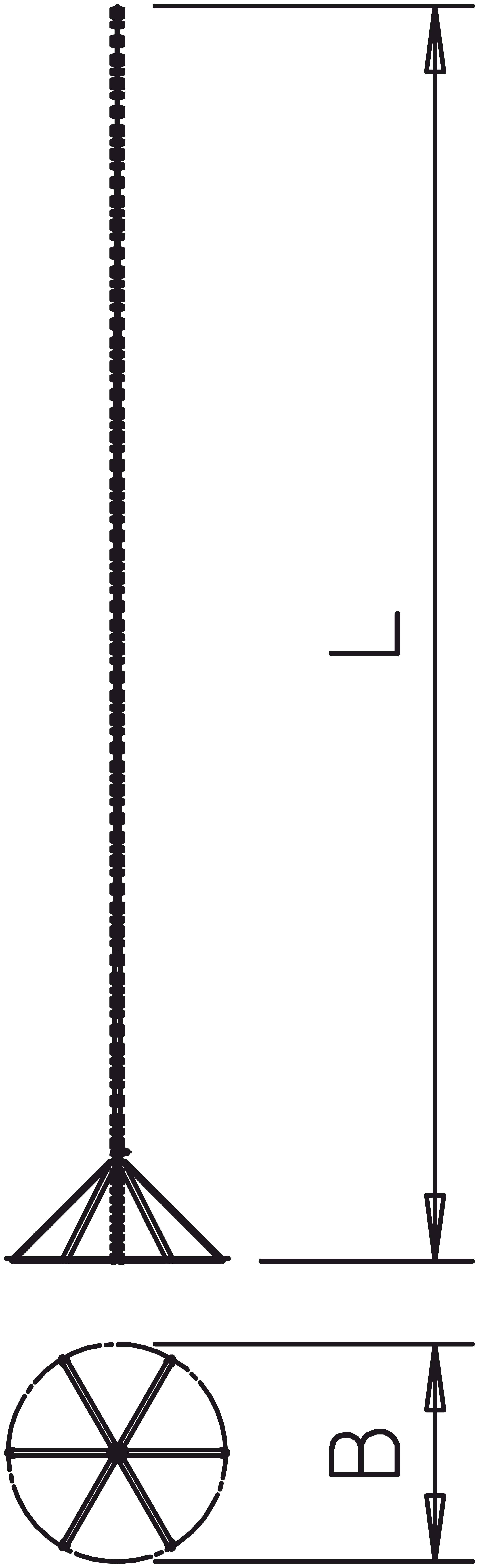 Technische Zeichnung eines Bolzens mit Länge 'L' und Basisdurchmesser 'B', zeigt Größenverhältnis und Maßangaben.