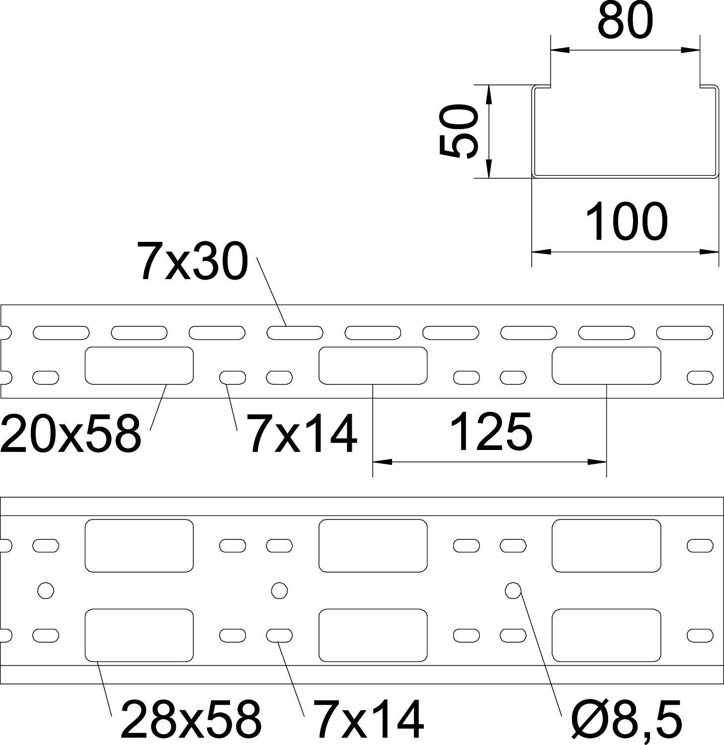 Technische Zeichnung eines Metallprofils mit Maßen: Breite 100/80, Höhe 50. Löcher von verschiedenen Größen: 7x30, 20x58, 28x58.