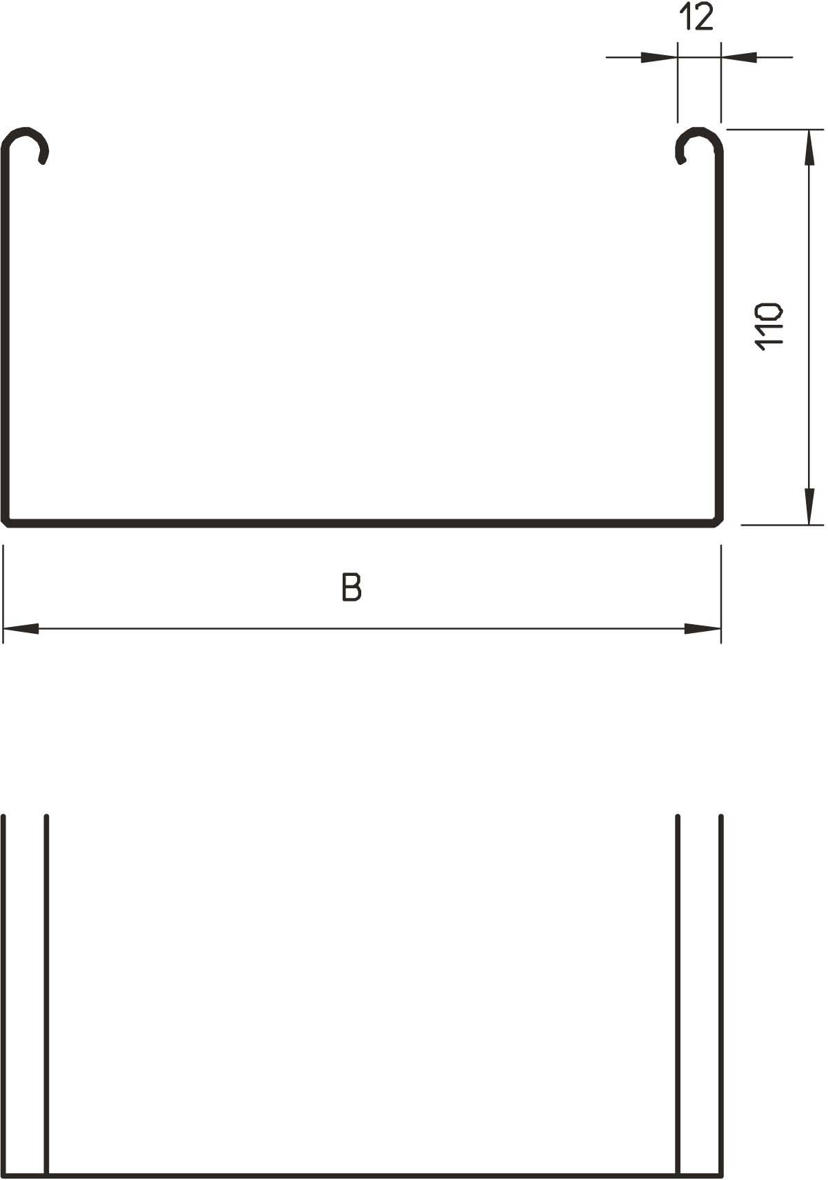 Diagramm eines Dachrinnenprofils mit den Maßen: Höhe 110 mm und obere Kante 12 mm.