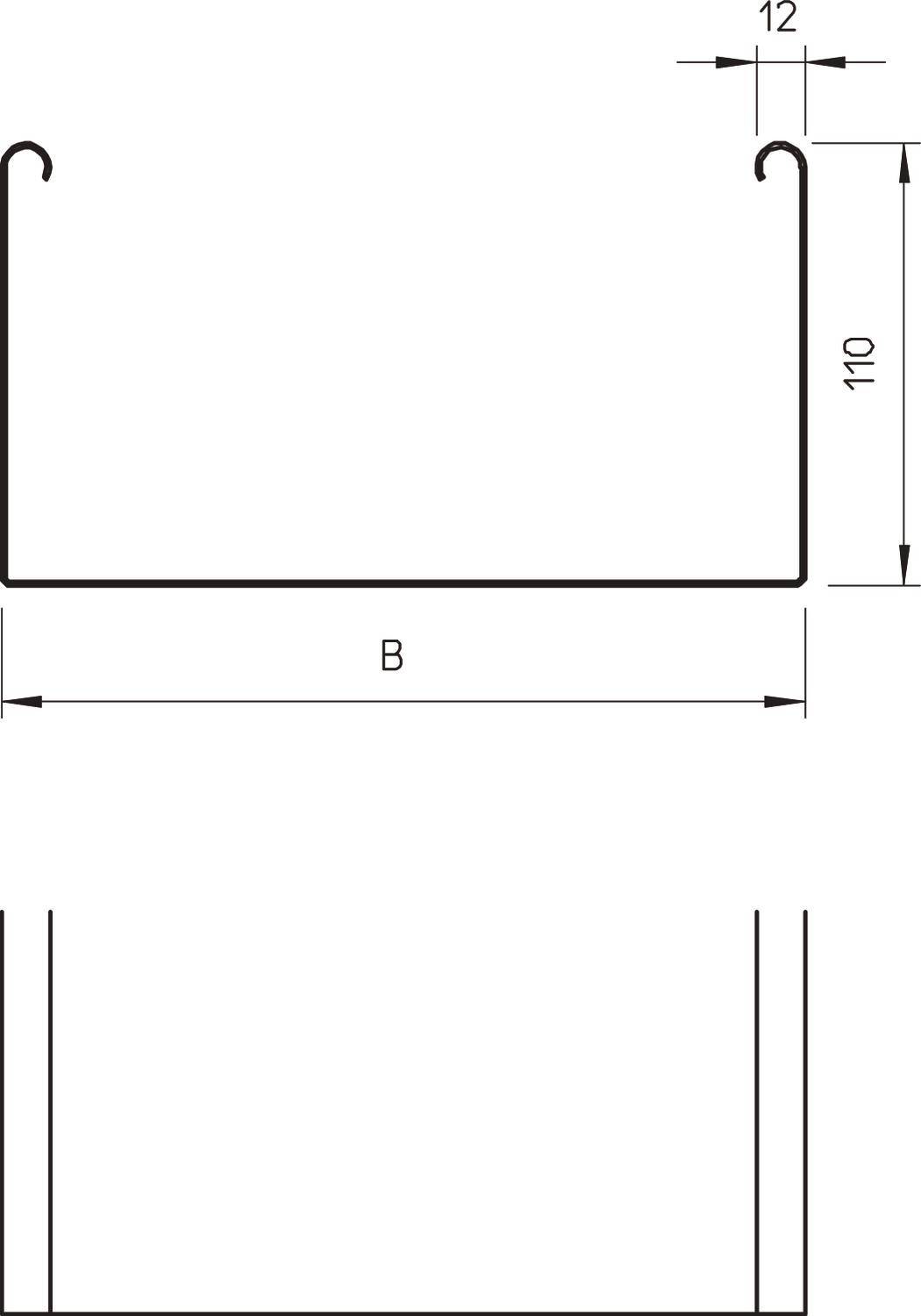 Technische Zeichnung eines U-Profils mit Bemaßung. Höhe: 110 mm, obere Falz: 12 mm, Breite: B (nicht spezifiziert).