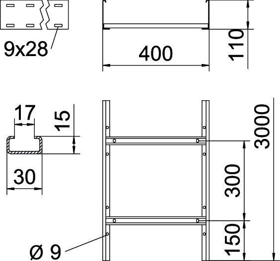 Technische Zeichnung eines Regals mit Maßen: 400x110x3000 mm. Detailansicht zeigt Materialstärke, Lochdurchmesser und Querstreben.