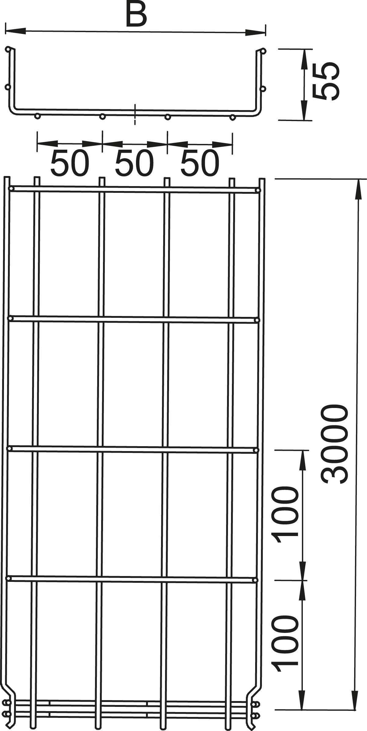 Technische Zeichnung eines Gitterrosts mit Maßen: Breite (B), Höhe 3000 mm, Stababstand 50 mm, seitliche Erhöhung 55 mm.