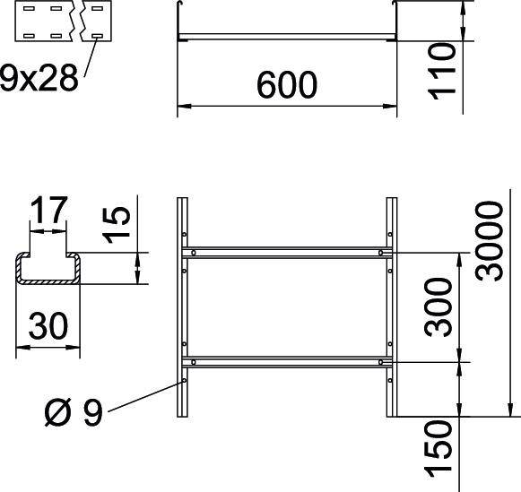 Technische Zeichnung einer Metallstruktur mit Abmessungen: Länge 600 mm, Höhe 3000 mm, Breitenmaße von 30 und 110 mm, Loch Durchmesser 9 mm.