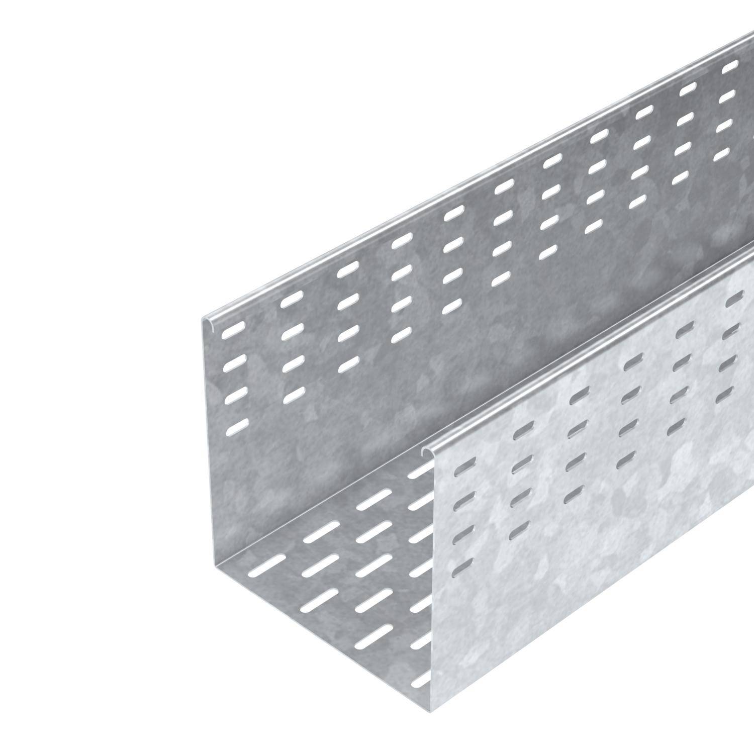 Silbernes Metallkabelkanal mit rechteckigem Querschnitt und zahlreichen ovalen Löchern entlang der Seitenwände zur Kabelverwaltung.