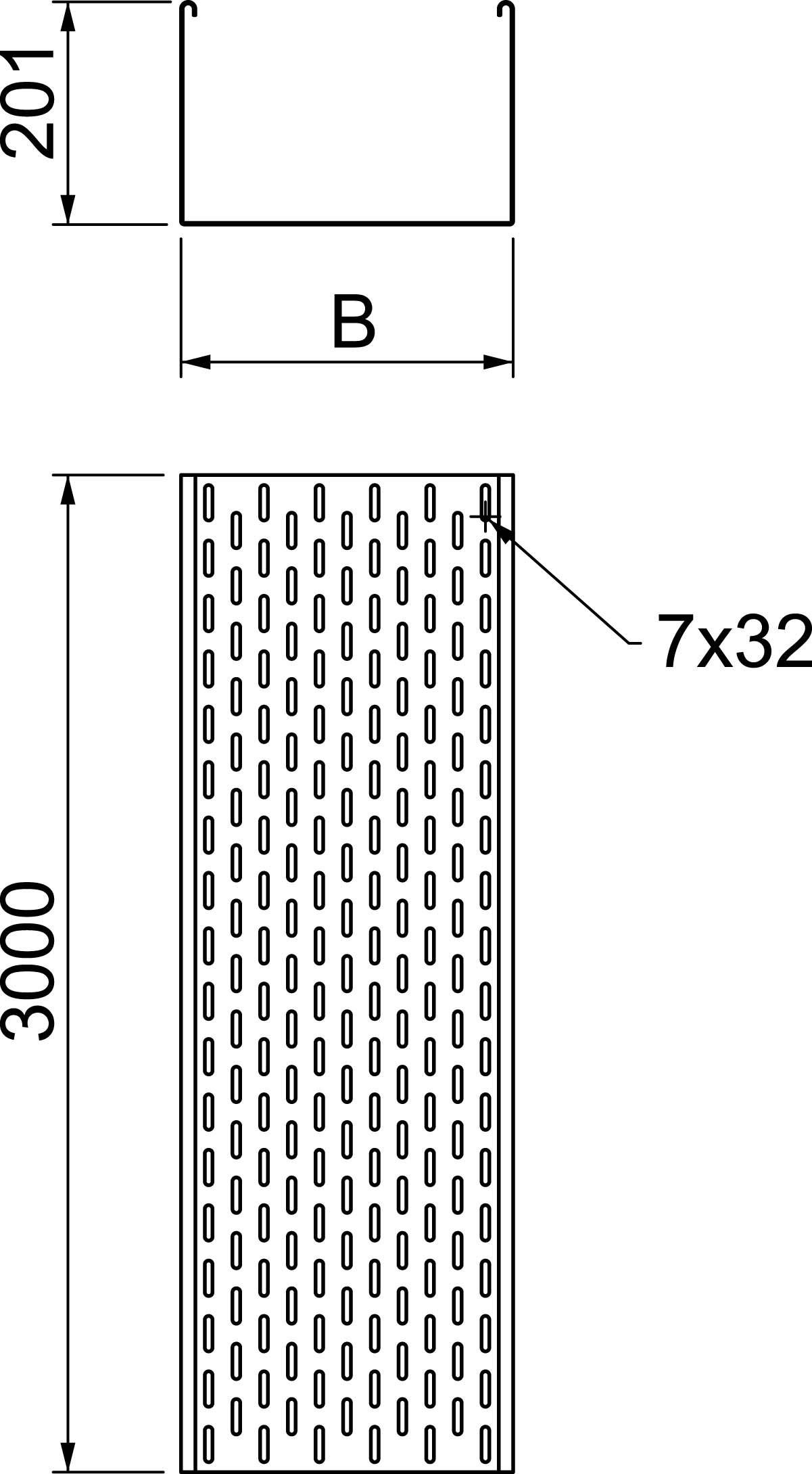Technische Zeichnung eines langen, rechteckigen U-Profils mit Maßen 201 mm Höhe und 3000 mm Länge, inklusive perforierter Fläche.