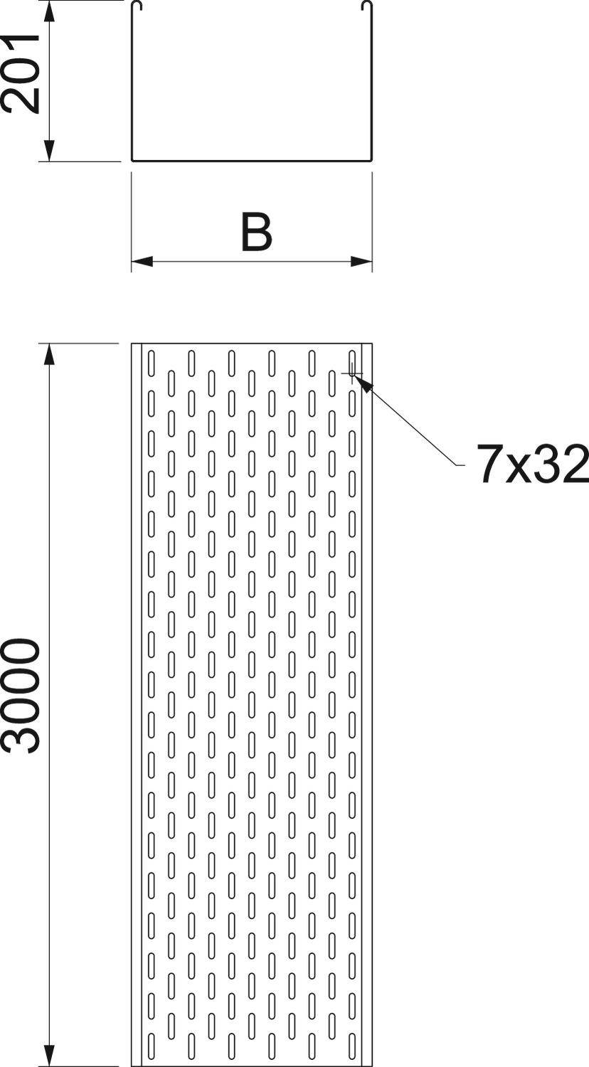 Technische Zeichnung eines perforierten Blechs mit den Maßen 3000 mm x 201 mm. Löcher sind 7x32 mm groß. Breite mit 'B' markiert.
