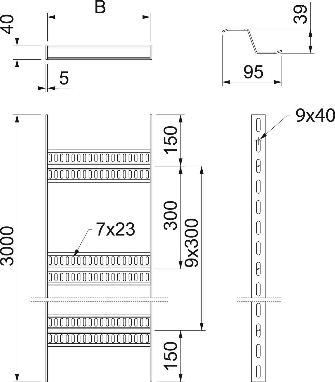 Technische Zeichnung eines Regals mit Maßen: Höhe 3000 mm, Breite 1500 mm. Regalböden im Abstand von 300 mm. Seitenansicht zeigt Lochraster.