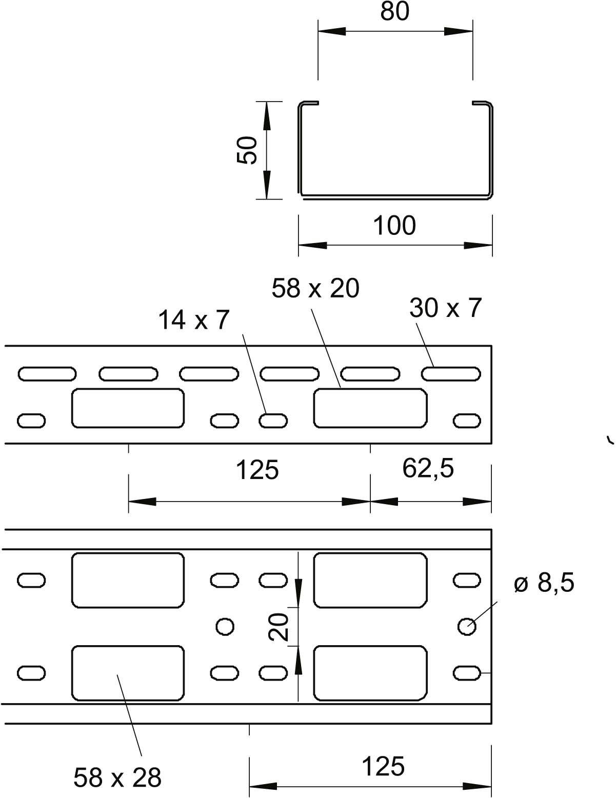 Technische Zeichnung eines Metallprofils: Querschnitt zeigt Maße 100x50 mm, Detailansicht mit Lochabständen 14x7 mm und 30x7 mm bei 125 mm Länge.