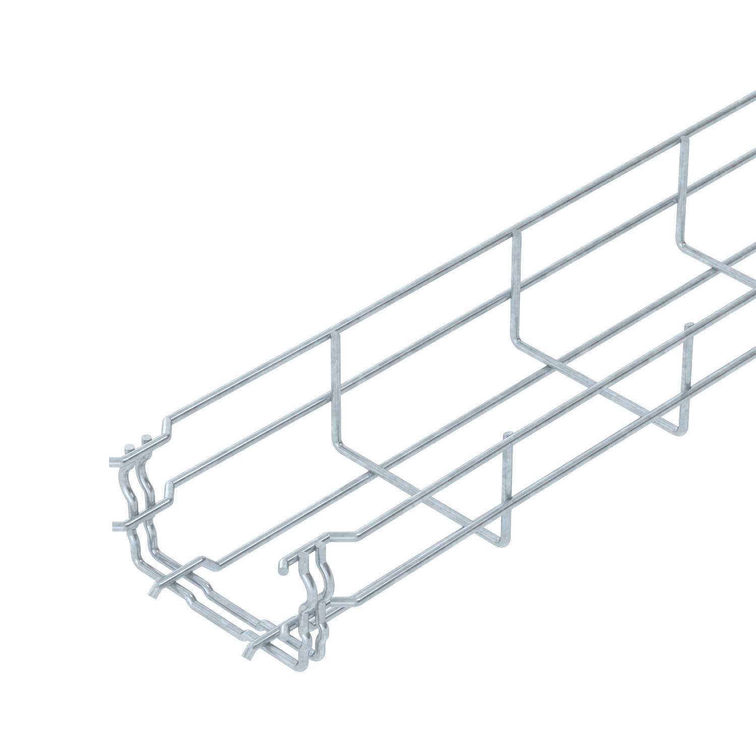 Ein Metallkabelkanal mit rechteckiger Form und offenem Gitterdesign. Geeignet zur Verlegung von Kabeln in industriellen Umgebungen.