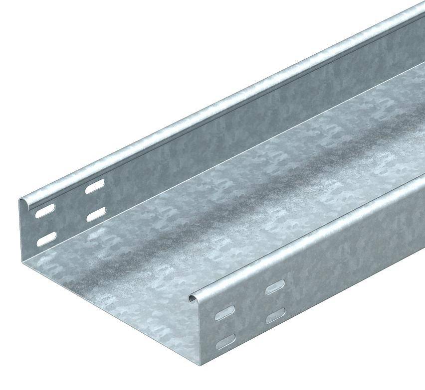 Metallschiene mit rechteckigem Querschnitt, gestanzt für Befestigung, galvanisiert gegen Korrosion, seitliche Löcher für Schrauben.