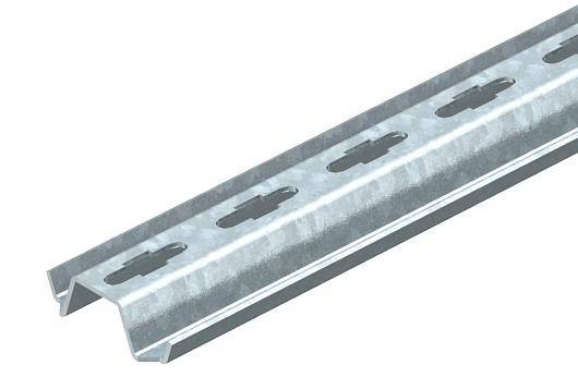 Metallschiene mit gleichmäßig verteilten Schlitzen zur Befestigung von Konstruktionselementen, perspektivisch dargestellt.