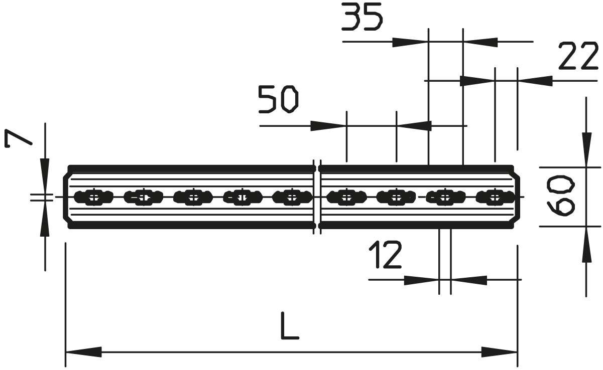 Technische Zeichnung einer Aluminiumschiene mit detaillierten Bemaßungen in Millimetern: Breite 7, Länge 'L', weitere Maße 35, 22, 60, 50, 12.