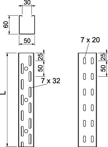 Technische Zeichnung eines rechteckigen Metallprofils mit Lochmuster. Maße: 60x50 außen, 25x50 innen. Lochgrößen: 7x32 und 7x20 mm.