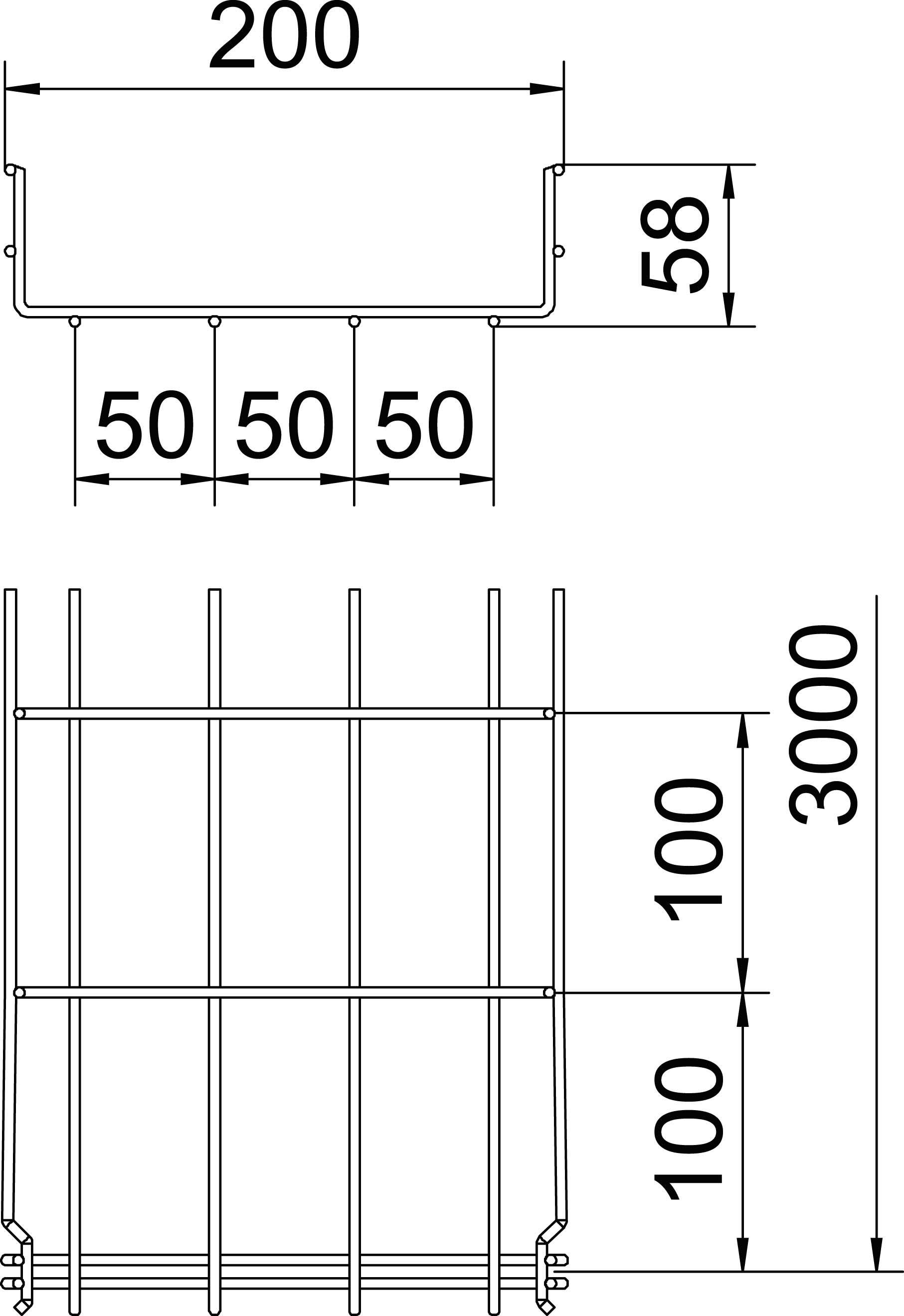 Zeichnung eines Gitters mit Abmessungen: 200 mm Breite, 58 mm Höhe. Vertikale Stäbe: 3000 mm. Horizontale Stäbe haben 100 mm Abstand.