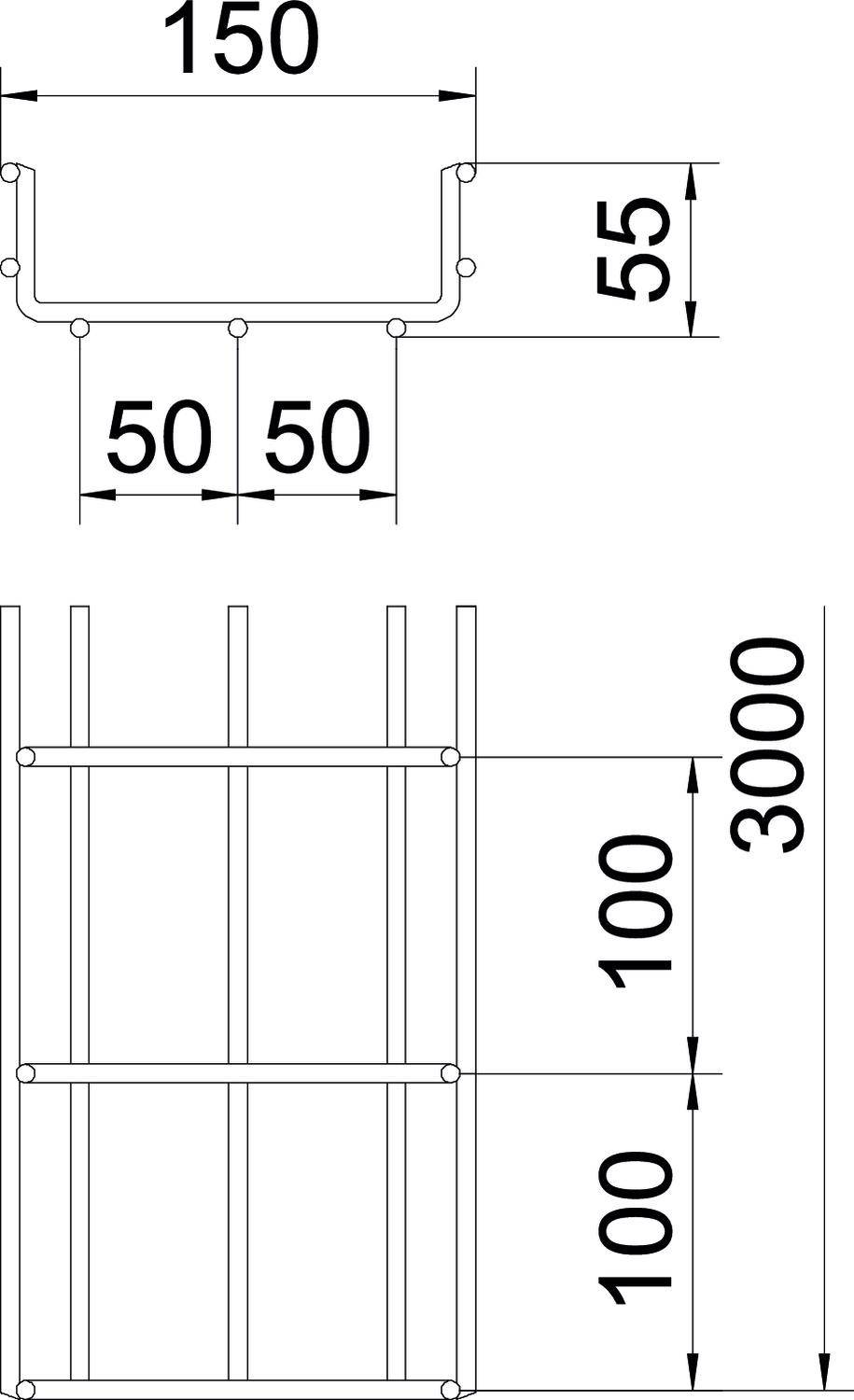 Technische Zeichnung eines Metallrahmens. Oben: Profilansicht, Breite 150, Höhe 55. Unten: Frontansicht, 3000 hoch, horizontale Abstände 100.